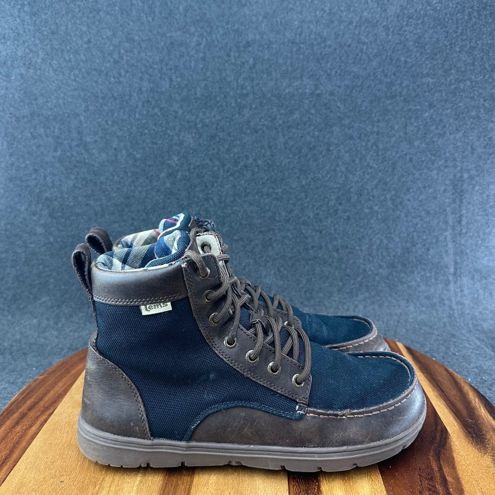Lems Boulder Boots Mens Leather Navy Plaid Lined Minimalist Zero Drop Size 10